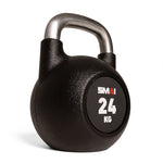 A 24 kg black Premium Polyurethane Kettlebell by SMAI, featuring a textured surface for enhanced grip and stainless steel handles resistant to rust and scratches. The label clearly displays the weight and brand name.