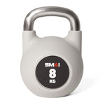 A premium gray polyurethane kettlebell, featuring a shiny stainless steel handle and marked "SMAI" and "8 KG" on a black patch, offers exceptional rust and scratch resistance. It is elegantly showcased against a white background.