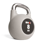 The 8kg grey Premium Polyurethane Kettlebell from SMAI has a shiny stainless steel handle, is rust and scratch-resistant, and features the "SMAI" logo above the weight on a black circular area. It's displayed on a plain white background.