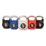 A row of five SMAI Premium Polyurethane Kettlebells with stainless steel handles includes 24 kg (black), 16 kg (blue), 8 kg (white), 12 kg (red), and 20 kg (black) weights. They boast rust and scratch resistance while displaying the "SMAI" branding.