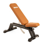 The SMAI Commercial Adjustable Bench - Tan features a brown padded seat and backrest, black metal frame, and white "SMAI" logo—ideal for use as a commercial weight bench or for hip thrust exercises.