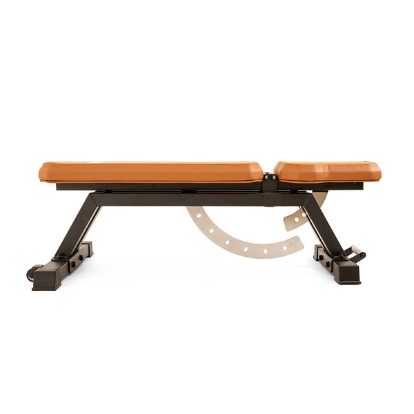 The SMAI Commercial Adjustable Bench - Tan is displayed against a white background, featuring a tan padded seat and backrest with a sturdy metal frame.