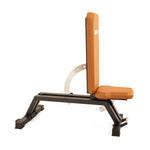 The SMAI Commercial Adjustable Bench - Tan features a padded seat and backrest in brown and black, shown upright, making it a versatile choice for varied workouts. Isolated on a white background.