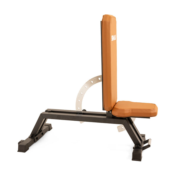 The SMAI Commercial Adjustable Bench - Tan features a padded seat and backrest in brown and black, shown upright, making it a versatile choice for varied workouts. Isolated on a white background.