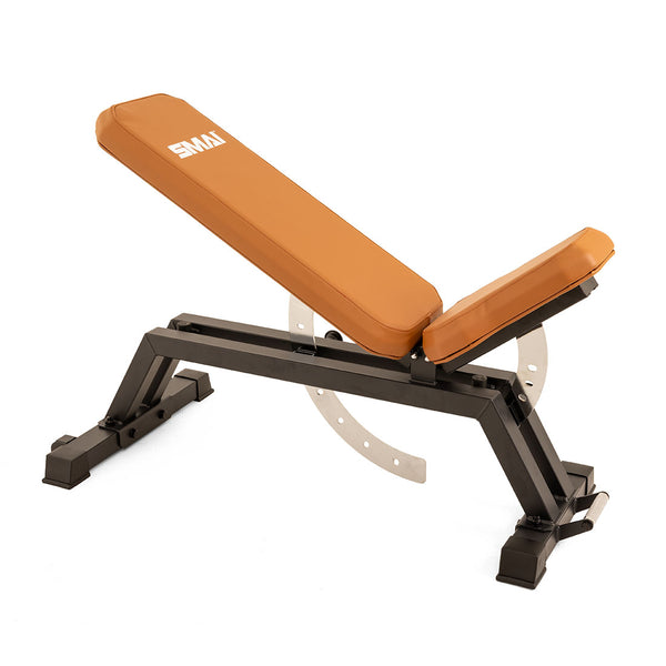 The SMAI Commercial Adjustable Bench - Tan features a black metal frame and tan padding, offering multiple incline and decline positions for versatile strength training and hip thrust exercises.