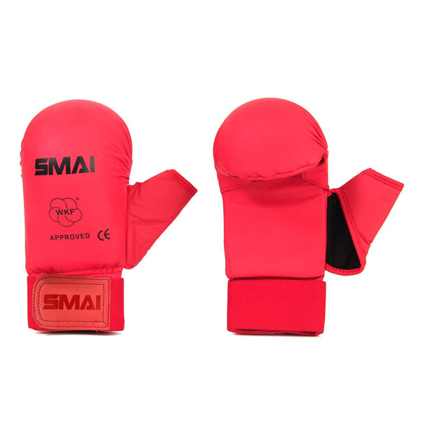Presenting the SMAI WKF Gloves with Thumb in a vibrant red color, these lightweight gloves are designed to be shock-absorbent and feature velcro straps for secure fastening. In compliance with Karate Federation specifications, they are WKF Approved. The image shows one glove palm-up and the other palm-down against a white background.