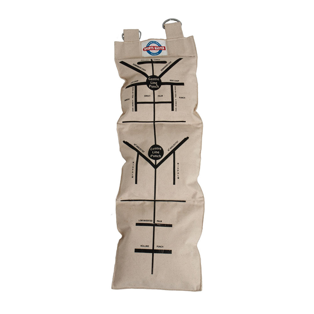 The Makiwara, a large canvas sand bag by SMAI, resembles a plant watering bag with labeled text and multiple channels. It includes metal grommets at the top for hanging and provides guidance for center perch, east, west, high moisture, and low moisture areas.