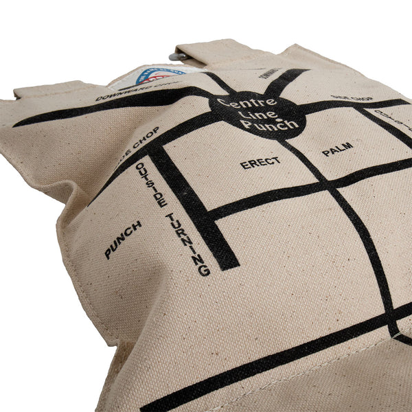 Close-up of the SMAI Makiwara, a large canvas sand bag with guides, resembling a striking target. It features black printed sections labeled for moves such as "Centre Line Punch," "Palm," and "Punch." The pad boasts a textured fabric surface and reinforced corners.