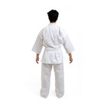 A person faces away from the camera, showcasing a SMAI Shinkyokushinkai Uniform - 8oz Student Gi. The medium-weight white karate gi, tied with a belt, contrasts with their short dark hair as they pose against a plain white background, capturing the Shinkyokushinkai spirit.