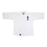 The Kin Kyokushin Uniform by SMAI is an 8oz student gi, featuring a white top with v-neck, long sleeves, black kanji on the right side, and a logo patch near the hem. Ideal for Kyokushinkai practitioners, it's elegantly displayed against a plain white background.