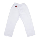 The Kin Kyokushin Uniform by SMAI features white karate gi pants with an elastic waistband and a black and red logo near the top. Designed for martial arts, it's ideal for Kyokushinkai, karate, or judo.