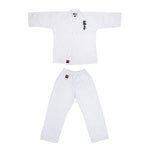 The SMAI Kin Kyokushin Uniform - 8oz Student Gi features a white Karate Gi with dark blue Kyokushinkai embroidery on the jacket and matching white pants, arranged neatly on a plain white background.
