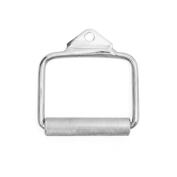 The SMAI Single Handle Chrome for Cable Machine features a knurled, rotating cylindrical grip and a triangular top for easy cable attachment, designed for gym weight machines.