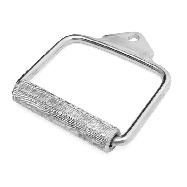 The SMAI Single Handle Chrome for Cable Machine features a knurled grip, chrome finish, and triangular attachment point, ideal for gym equipment or weight machines. Shown on a white background.
