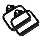 A set of 5 black metal cable machine accessories by SMAI, each with knurled grips and the brand name printed on the top plates, displayed on a white background.