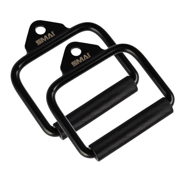 A set of 5 black metal cable machine accessories by SMAI, each with knurled grips and the brand name printed on the top plates, displayed on a white background.