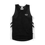 The SMAI Black Singlet features white side panels, two black diagonal stripes on each side, and a small white logo on the left chest—grab this stylish pick from our clearance sale!.