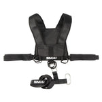 The SMAI Tower Gym Sled 3.0 with Sled Harness is a black harness featuring padded shoulder straps, metal rings, adjustable belts, and a matching strap with carabiner. "SMAI" is printed in white on both items—perfect for sprint training or gym sled use.