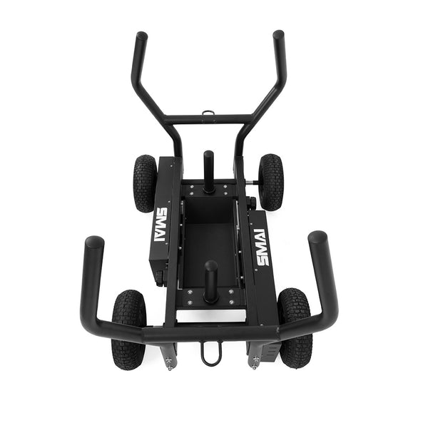 The SMAI All Terrain Resistance Sled is a black metal sled with four wheels, upright and horizontal handles, ideal for strength training and weight sled exercises on any surface. Perfect for versatile push and pull workouts.