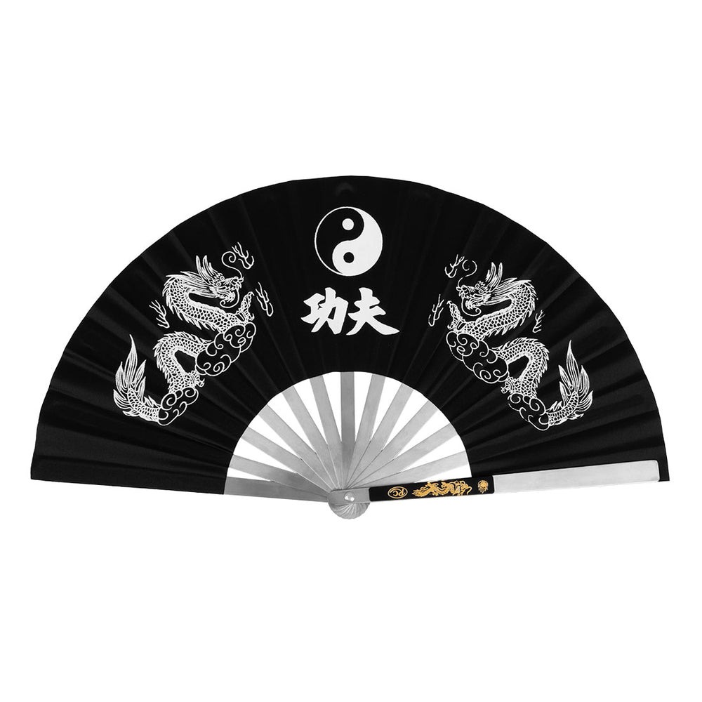 The SMAI Tai Chi Fan - Steel features a black design with white dragon artwork, yin-yang symbol, Chinese characters, silver ribs, and a decorated handle—ideal for Tai Chi training.