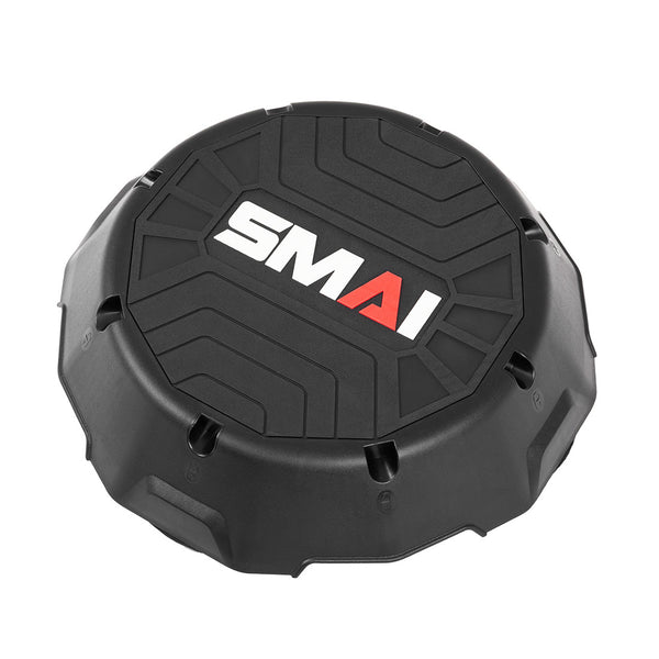 The SMAI Aerobic Stepper - Spare Riser (Pair) features a black, round design made from heavy duty PVC, with "SMAI" in white and red. Grooved edges and multiple slots make them ideal as risers for commercial gym stepper setups.