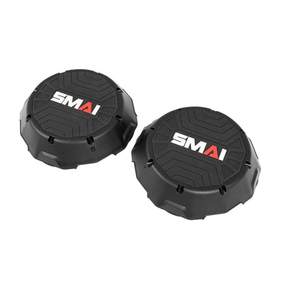 Two black, round Aerobic Stepper Spare Risers by SMAI, made from heavy-duty PVC with textured surfaces and SMAI branding in white and red on top, shown on a plain white background—perfect for commercial gym setups.