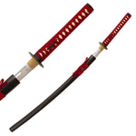 The SMAI Aluminium Red Display Katana - Solmure features a black scabbard and a red and white cord-wrapped handle with diamond patterns. Perfect for display, the partially visible blade sits beside the sheathed sword.
