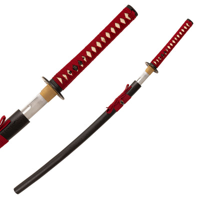 The SMAI Aluminium Red Display Katana - Solmure features a black scabbard and a red and white cord-wrapped handle with diamond patterns. Perfect for display, the partially visible blade sits beside the sheathed sword.