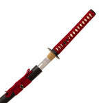 The SMAI Aluminium Red Display Katana - Solmure features a partially drawn blade, red and black diamond-patterned handle, decorative guard, and black sheath with matching red cord—perfect as a display sword for any collection.