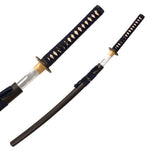 The SMAI Aluminium Blue Display Katana - Virelais features a navy and cream-wrapped handle, gold handguard, and polished blade partially drawn from a black scabbard—ideal for display or practice.