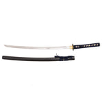 The SMAI Aluminium Blue Display Katana - Virelais features a curved blade, blue finish, and a patterned handle. It includes a stylish scabbard and is elegantly displayed on a white background.