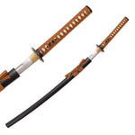 The SMAI Aluminium Brown Display Katana - Draelthorn features a full tang, diamond-patterned brown handle, black sheath, and a partially drawn, polished silver blade—ideal for traditional Japanese display.