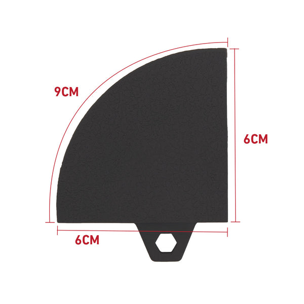 The SMAI TPE Gym Flooring Edge/Corner Accessory is a black, quarter-circle piece with a textured surface, 9 cm tall and 6 cm wide, featuring a small tab with a hexagonal hole, ideal for seamless gym flooring. Red measurement lines and labels shown.