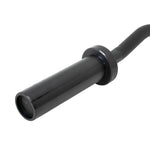 Close-up view of the black sleeve and collar on The Yard - Easy Curl Olympic Bar by SMAI. The shiny, cylindrical sleeve is securely connected to the bar, ideal for weightlifting or strength training.
