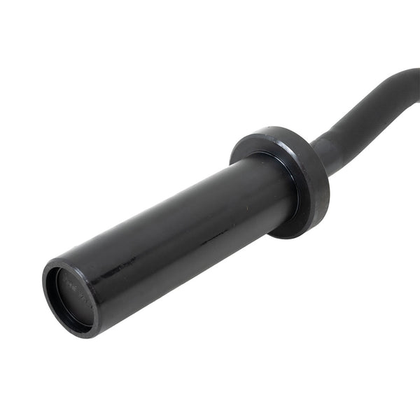 Close-up view of the black sleeve and collar on The Yard - Easy Curl Olympic Bar by SMAI. The shiny, cylindrical sleeve is securely connected to the bar, ideal for weightlifting or strength training.