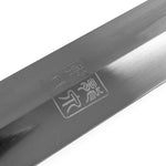 A close-up of the polished spring steel blade on the SMAI Tai Chi Sword Brass Fitting Ying Yang, showcasing engraved Chinese characters and symbols along the edge.