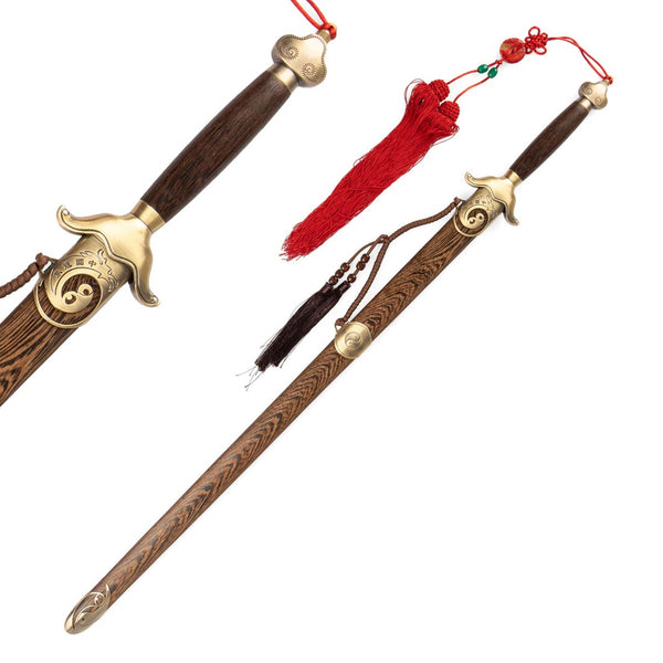 The SMAI Tai Chi Sword Brass Fitting Ying Yang features a spring steel blade, wooden scabbard and handle, ornate brass fittings, and red and brown tassels on the handle.