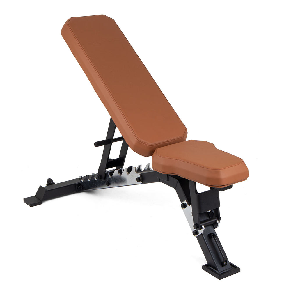 The SMAI Yard Adjustable Weight Bench – Super Bench features a brown padded seat and backrest with a sturdy black metal frame, offering commercial-grade durability, shown on a white background.