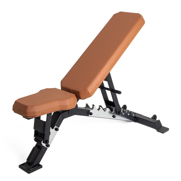 The SMAI The Yard - Adjustable Weight Bench - Super Bench features padded brown cushions, a black metal frame, and multiple incline settings, making it perfect for versatile workouts.