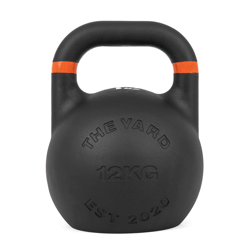 The Yard - Competition Steel Kettlebell 12kg by SMAI features a black design with orange stripes, consistent sizing, and clear labeling—ideal for reliable kettlebell exercises and training.