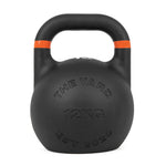 The Yard - Competition Steel Kettlebell 12kg by SMAI features a black design with orange stripes, consistent sizing, and clear labeling—ideal for reliable kettlebell exercises and training.