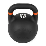The Yard - Competition Steel Kettlebell 12kg by SMAI features a black finish, orange stripe near the handle, "12 KG" and "26" in white text, and embossed branding. Its uniform size is perfect for versatile kettlebell workouts.