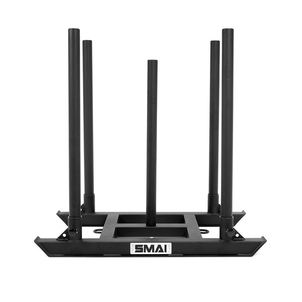 The SMAI Tower Gym Sled - 4 Handles is a black metal sled with a flat base and five vertical poles, designed for functional training and strength work. The "SMAI" logo appears on the front of the base.