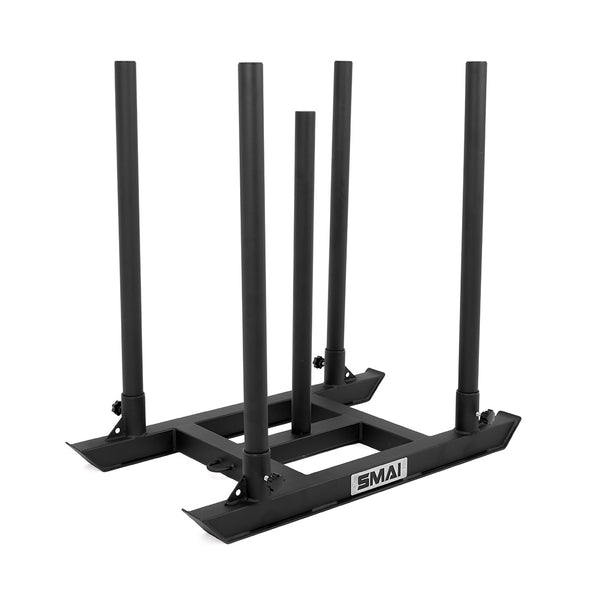 The SMAI Tower Gym Sled - 4 Handles is a black metal sled for functional training, featuring four vertical poles and a rectangular base with "SMAI" branding on the front.