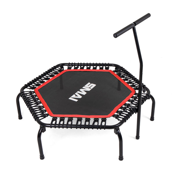 The SMAI Rebounder Mini Trampoline 50" features a small, hexagonal black frame with six legs, a red and black "SMALL" jumping surface, and an adjustable handlebar—ideal for home workouts as a mini trampoline or rebounder.