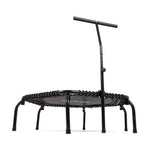 The SMAI Rebounder Mini Trampoline 50" is a small, round indoor trampoline with six legs and a front adjustable handlebar, ideal for rebounder workouts or fitness routines.