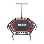 The SMAI Rebounder Mini Trampoline 50" features a hexagonal black and red frame, a "SMAI" labeled black jumping surface, and an adjustable front handlebar—ideal for low-impact workouts.