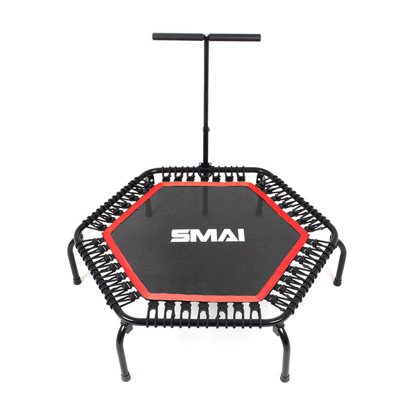 The SMAI Rebounder Mini Trampoline 50" features a hexagonal black and red frame, a "SMAI" labeled black jumping surface, and an adjustable front handlebar—ideal for low-impact workouts.