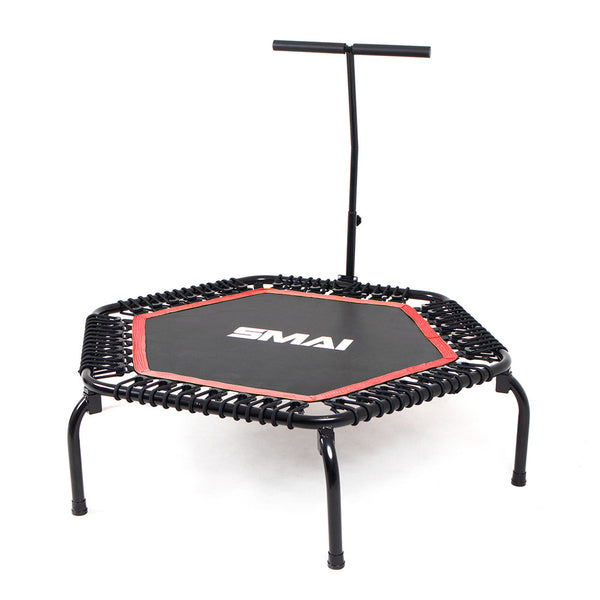 The SMAI Rebounder Mini Trampoline 50" features a small hexagonal design, black legs, red trim, a handlebar, and "SMAI" printed in white—perfect for fun and effective home workouts.