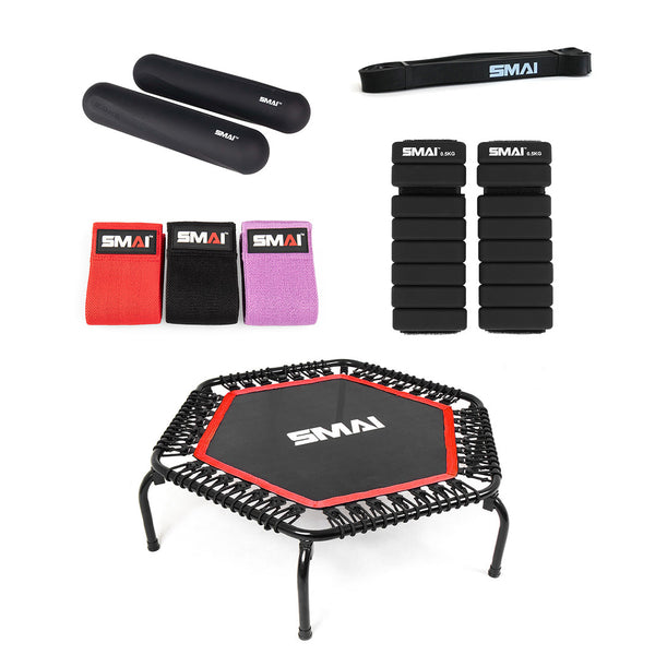The SMAI Rebounder Mini Trampoline Pack includes a hexagonal mini trampoline, resistance band, two foam grips, three loop bands (red, black, purple), and black ankle/wrist weights.